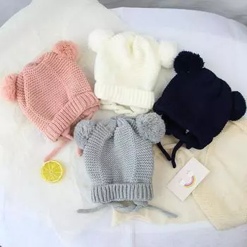 Милая детская шерстяная вязаная шапка с шариками, зимняя теплая шерстяная шапка для новорожденных, для мальчиков и девочек, плюшевая защитная шапка-пуловер розовый