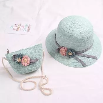 Милая детская соломенная шляпа с бантом и цветком + соломенная сумка через плечо, детская уличная шляпа от солнца, летняя пляжная соломенная кепка, соломенная сумка из ротанга Blue