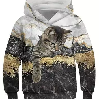 Милая детская толстовка с капюшоном с принтом 3D кота, унисекс-пуловер, повседневная толстовка с капюшоном и длинными рукавами, уличная одежда для девочек и мальчиков 100