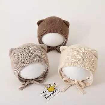 Милая детская вязаная шапка однотонная с кошачьими ушками для девочек и мальчиков, теплая защитная шапочка для защиты ушей для малышей, осень-зима кофейный