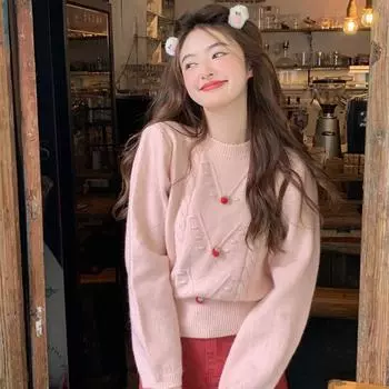 Милая девочка, розовый, маленькая клубничка, основа свитера с мягким вощеным круглым вырезом, длинный рукав, пуловер, верх свитера S розовый