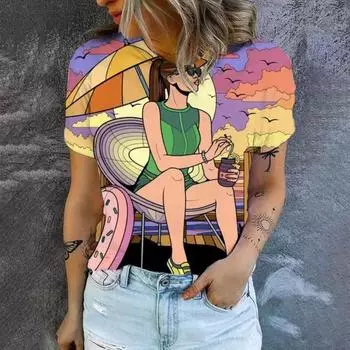 Милая девушка 3D принт женские футболки топ повседневный короткий пуловер рукава О-образный вырез плюс размер футболка женская повседневная одежда S