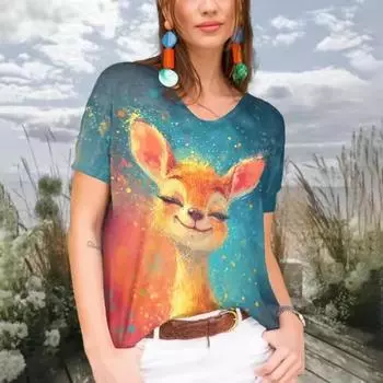 Милая девушка 3D принт женские футболки топ повседневный короткий пуловер рукава V-образный вырез плюс размер футболка женская повседневная одежда S