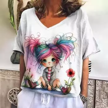Милая девушка 3D принт женские футболки топ повседневный короткий пуловер рукава V-образный вырез плюс размер футболка женская повседневная одежда S