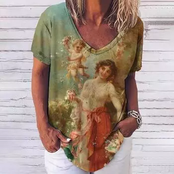 Милая девушка 3D принт женские футболки топ повседневный короткий пуловер рукава V-образный вырез плюс размер футболка женская повседневная одежда S