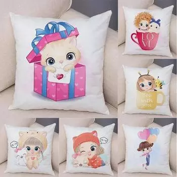 Милая девушка и кошка наволочка для украшения автомобиля офис гостиная диван дома наволочка 40x40cm