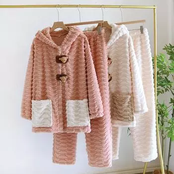 Милая домашняя одежда с капюшоном, осенне-зимняя пижама из кораллового флиса, свободная повседневная милая пижама, домашняя одежда, утепленная теплая ночная рубашка M розовый