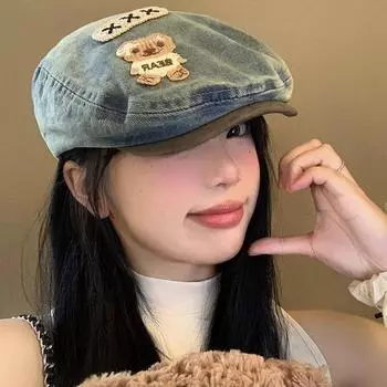Милая джинсовая шляпа с нашивкой в виде медведя, женская ретро-многофункциональная шляпа с лицом, маленькая потертая шляпа старого художника M56-58cm