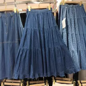 Милая джинсовая юбка средней и длинной длины с оборками, женская летняя новая свободная и тонкая юбка с высокой талией 2025 года average size светло-синий