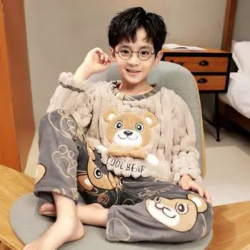 Милая фланелевая пижама с рисунком для мальчиков - плотный вельвет, круглый вырез, на осень и зиму Size 10 [103-113 CM]