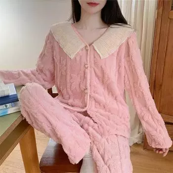 Милая фланелевая пижама в стиле принцессы для женщин, осенне-зимняя, с кружевной отделкой, теплая, с длинными рукавами, домашняя одежда, комплект из двух предметов M белый