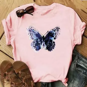Милая футболка с бабочкой, модная футболка 90-х годов, милая трендовая одежда, повседневная женская футболка с коротким рукавом с принтом, женская футболка с графикой S