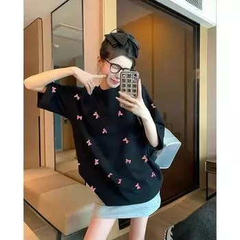 Милая футболка с бантом и принтом, новая модная свободная универсальная женская футболка, летняя повседневная женская футболка с круглым вырезом onesize чёрный