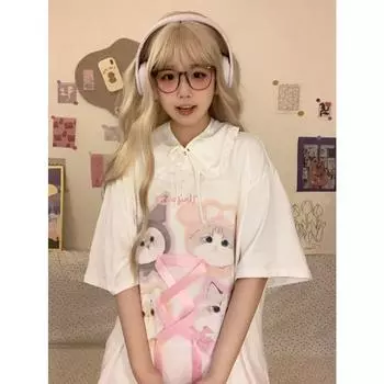 Милая футболка с графическим принтом кота и бантом из ленты, на шнуровке, свободного покроя, топ в стиле Харадзюку, феерия, y2k, гранж, готика, эстетика, корейский S белый