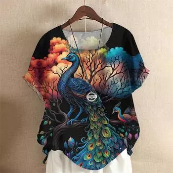 Милая футболка с изображением животных для женщин, красивые футболки с 3D-принтом в виде павлина, летние свободные топы с короткими рукавами, фирменные футболки с круглым вырезом S