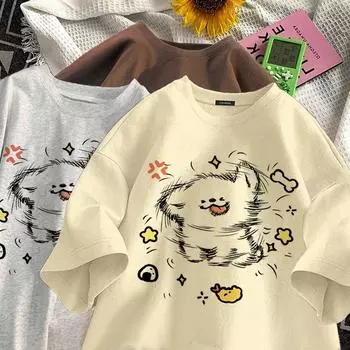 Милая футболка с круглым вырезом и принтом собаки с покачивающейся головой для мужчин и женщин, летняя модная тенденция в стиле ретро, повседневная удобная футболка из чистого хлопка для пар, топ с короткими рукавами Harajuku S бежевый