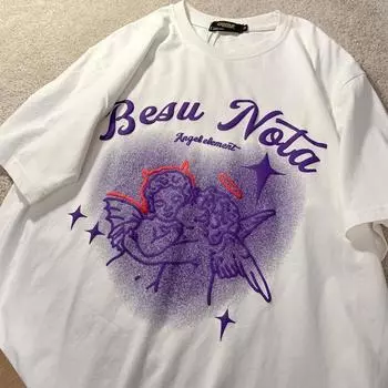 Милая футболка с круглым вырезом и принтом «Маленький ангел» для мужчин и женщин, летняя модная тенденция, повседневный удобный топ с короткими рукавами S чёрный