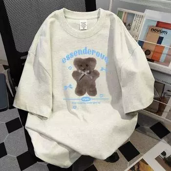 Милая футболка с круглым вырезом и принтом куклы плюшевого мишки для мужчин и женщин, ретро-стиль, летняя модная тенденция, повседневный свободный удобный топ с короткими рукавами для пар, Harajuku S серый