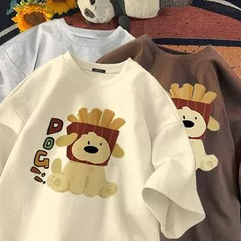 Милая футболка с круглым вырезом и принтом собаки «Картофель фри» для мужчин и женщин, летняя модная тенденция в стиле ретро, повседневная удобная футболка из чистого хлопка для пары, топ с короткими рукавами, Harajuku S бежевый