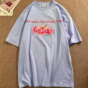 Милая футболка с круглым вырезом и принтом персикового цвета для мужчин и женщин из чистого хлопка, летний модный тренд, повседневный удобный топ с коротким рукавом для пары, Harajuku S белый