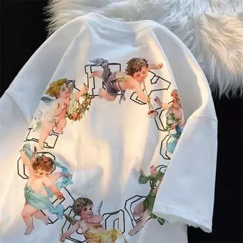 Милая футболка с круглым вырезом и принтом ангела в виде круга и букв для мужчин и женщин из чистого хлопка, летняя модная тенденция, повседневный удобный топ с короткими рукавами для пар, Harajuku S белый