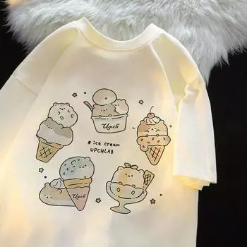 Милая футболка с круглым вырезом и принтом хомяка-мороженого для мужчин и женщин из чистого хлопка, летняя модная тенденция, повседневный удобный топ с короткими рукавами для пар, Harajuku S белый