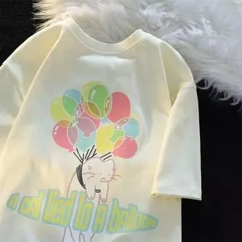 Милая футболка с круглым вырезом и принтом кота-воздушного шара для мужчин и женщин из чистого хлопка, летняя модная тенденция, повседневный удобный топ с короткими рукавами для пар, Harajuku S белый