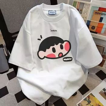 Милая футболка с принтом большой головы для мальчиков для мужчин и женщин из чистого хлопка, летняя модная тенденция, повседневный удобный топ с короткими рукавами для пар, Harajuku S белый