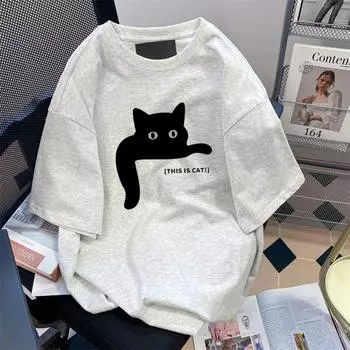 Милая футболка с принтом черного кота для мужчин и женщин в стиле ретро, летняя модная тенденция, повседневный удобный топ с короткими рукавами из чистого хлопка для пар, Harajuku S серый