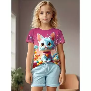 Милая футболка с принтом кота 3D, футболки для девочек 2025 года, модные футболки с изображением животных из мультфильмов для девочек, повседневная детская одежда, топ, футболка, лето 100