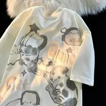 Милая футболка с принтом котенка-компаньона для мужчин и женщин, летняя модная тенденция, повседневный удобный топ из чистого хлопка для пары, топ с короткими рукавами в стиле Харадзюку S розовый