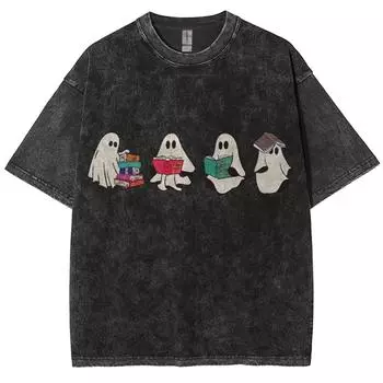 Милая футболка с привидением для мужчин, выстиранная, винтажная, оверсайз, с цветовым контрастом, круглым вырезом, шикарные топы, одежда пуловер в стиле Харадзюку, унисекс S