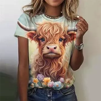 Милая футболка с рисунком коровы и осла для женщин, футболки с 3D-принтом и цветами, модные уличные футболки с круглым вырезом и коротким рукавом 5XL