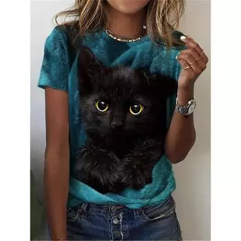 Милая футболка с рисунком собаки и кошки для женщин Футболки с 3D-принтом в виде животных Летние свободные футболки с короткими рукавами и круглым вырезом Топы в уличном стиле S
