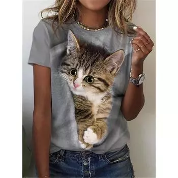 Милая футболка с рисунком собаки и кошки для женщин Футболки с 3D-принтом в виде животных Летние свободные футболки с короткими рукавами и круглым вырезом Топы в уличном стиле S