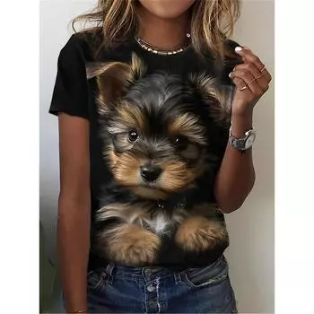 Милая футболка с рисунком собаки и кошки для женщин Футболки с 3D-принтом в виде животных Летние свободные футболки с короткими рукавами и круглым вырезом Топы в уличном стиле XL