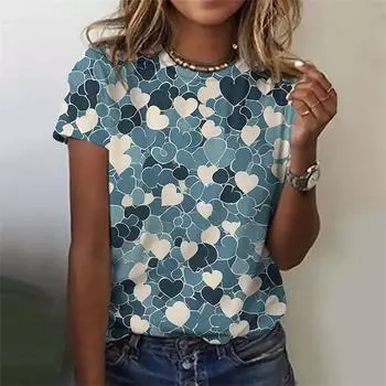 Милая футболка с рисунком в виде сердца для женщин, красочные 3D-принты с короткими рукавами, летние свободные футболки в стиле Харадзюку, топы с круглым вырезом, футболки S