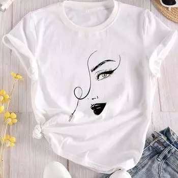 Милая графическая футболка Милая мультяшная рубашка с коротким рукавом и круглым вырезом Повседневная повседневная женская одежда Модные белые женские футболки S