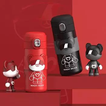 Милая грелка из нержавеющей стали 304, мультяшный стакан-термос, кофейная кружка, дорожный изолированный стакан, чайная чашка, брендовая колба 350ml чёрный