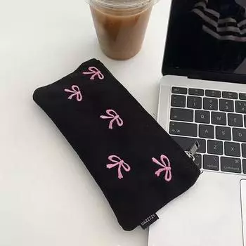 Милая холщовая косметичка с бантом, квадратная косметичка с красивым принтом, пенал с вышивкой, большая вместимость A чёрный