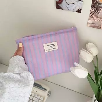 Милая холщовая полосатая дорожная косметичка для хранения помады и кистей для макияжа, туалетный набор, девичья кавайная косметичка, органайзер, сумочка 18x5x26 cm