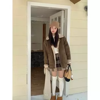 Милая и классная куртка из замши с меховыми лацканами для женщин в стиле ретро, свободное короткое пальто для осени и зимы для женщин M