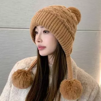 Милая и красивая шерстяная шапка из кроличьего меха на осень и зиму, теплая холодная шапка, защита ушей, плюшевая утолщенная вязаная шапка