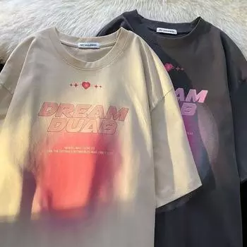 Милая и крутая футболка с буквенным градиентом для мужчин и женщин из чистого хлопка, летняя модная тенденция, повседневная удобная футболка для пар, топ с короткими рукавами, Harajuku S бежевый