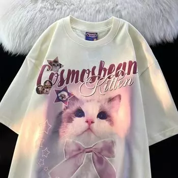 Милая и милая футболка с круглым вырезом и принтом кота и бантом для мужчин и женщин, чистый хлопок, летняя модная тенденция, повседневный удобный топ с короткими рукавами для пар, Harajuku M белый