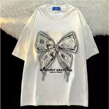 Милая и милая футболка с круглым вырезом и принтом банта для женщин, ретро-летняя модная тенденция, повседневная свободная уличная одежда, удобный топ с коротким рукавом в стиле Харадзюку S белый