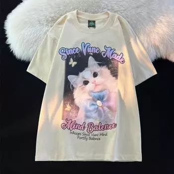 Милая и милая футболка с принтом принцессы-кошки в стиле тряпичной куклы для женщин, летний модный тренд, повседневный удобный топ из чистого хлопка с короткими рукавами для пары, Harajuku M белый