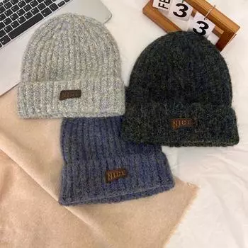 Милая и милая вязаная шапка, новая тканевая этикетка, женская осенне-зимняя теплая толстая шерстяная шапка, универсальная холодная шапка для мужчин M56-58cm хаки