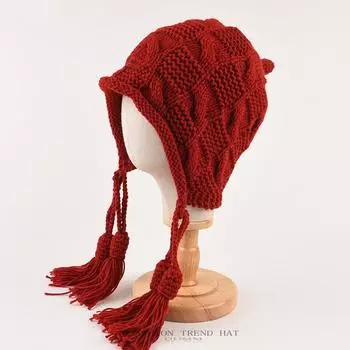 Милая и милая вязаная шерстяная шапка, детская, осенне-зимняя, теплая, для защиты ушей, с подвеской-кисточкой, шапка ручной работы Twist Thunderbolt One Size красный