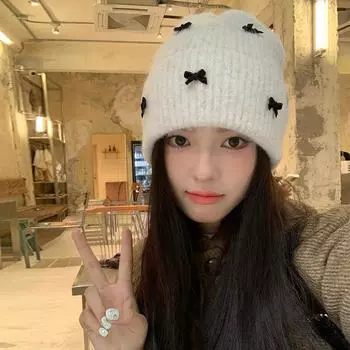 Милая и милая вязаная шерстяная шапка с бантом, детская осенне-зимняя универсальная маленькая утолщенная теплая холодная шапка M56-58cm